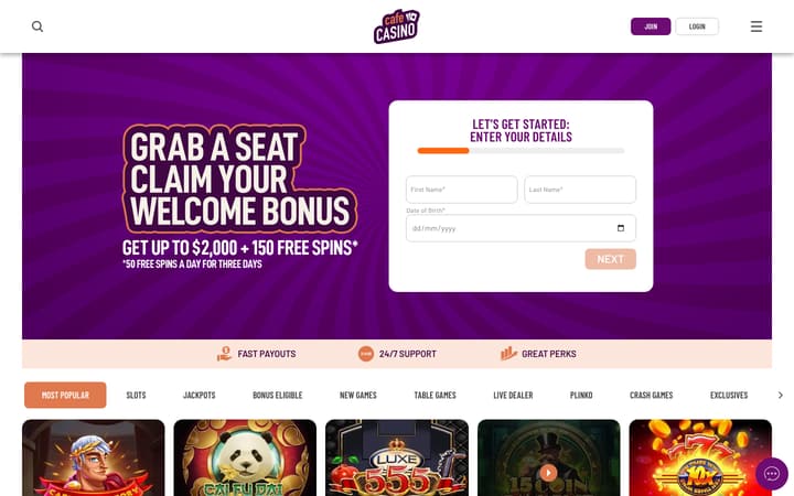 Cafe Casino home page on desktop, captured 4 October 2026