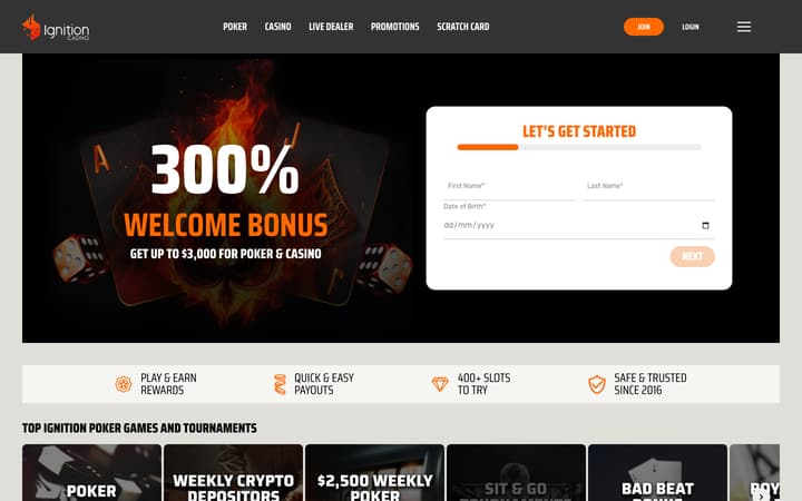 Ignition Casino home page on desktop, captured 4 October 2026
