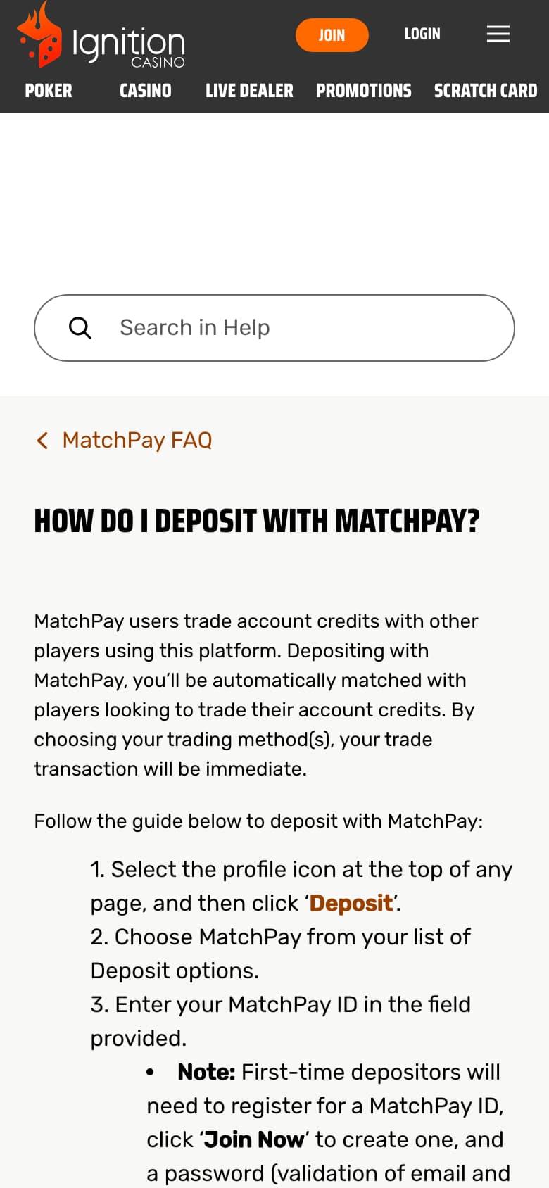 Ignition’s MatchPay deposit help page on a phone at 390 by 844 pixels